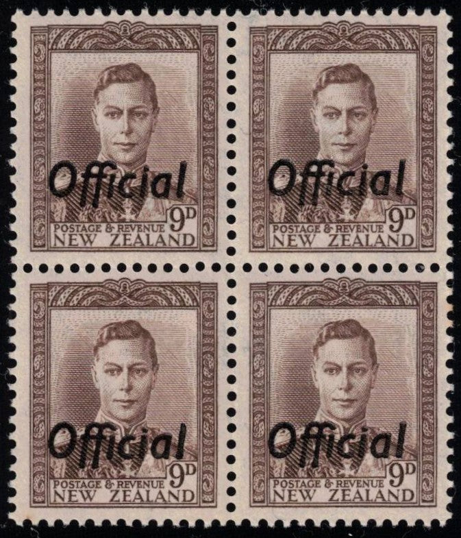 1947 9d GVI brown-sepia, block of 4.