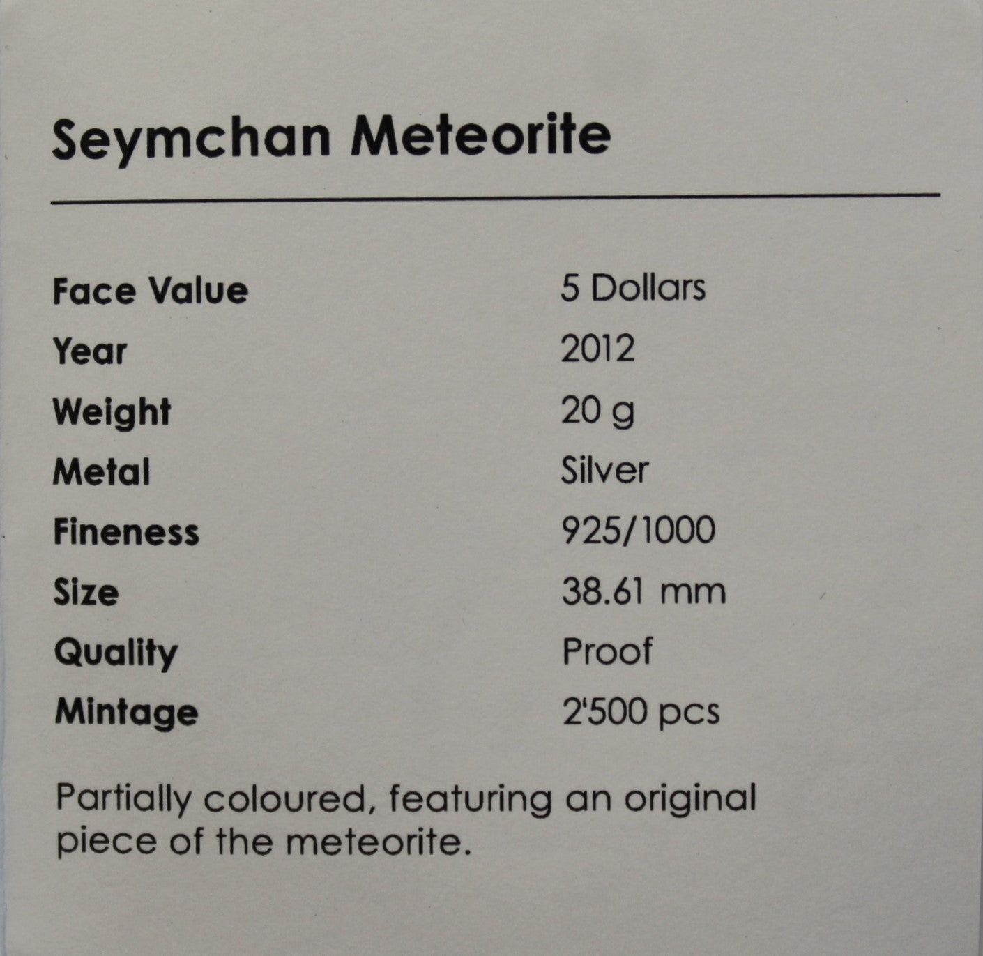 Cook Islands 2012 5 Dollars Seymchan Meteorite