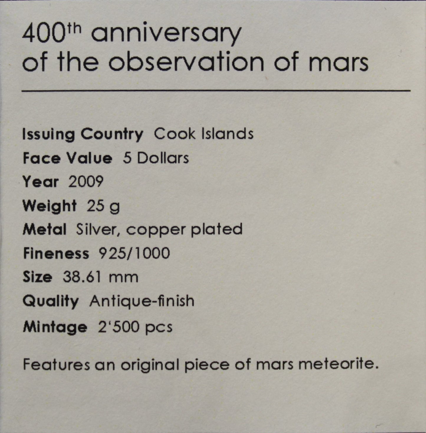 Cook Islands 2009 5 Dollars Martian Meteorite
