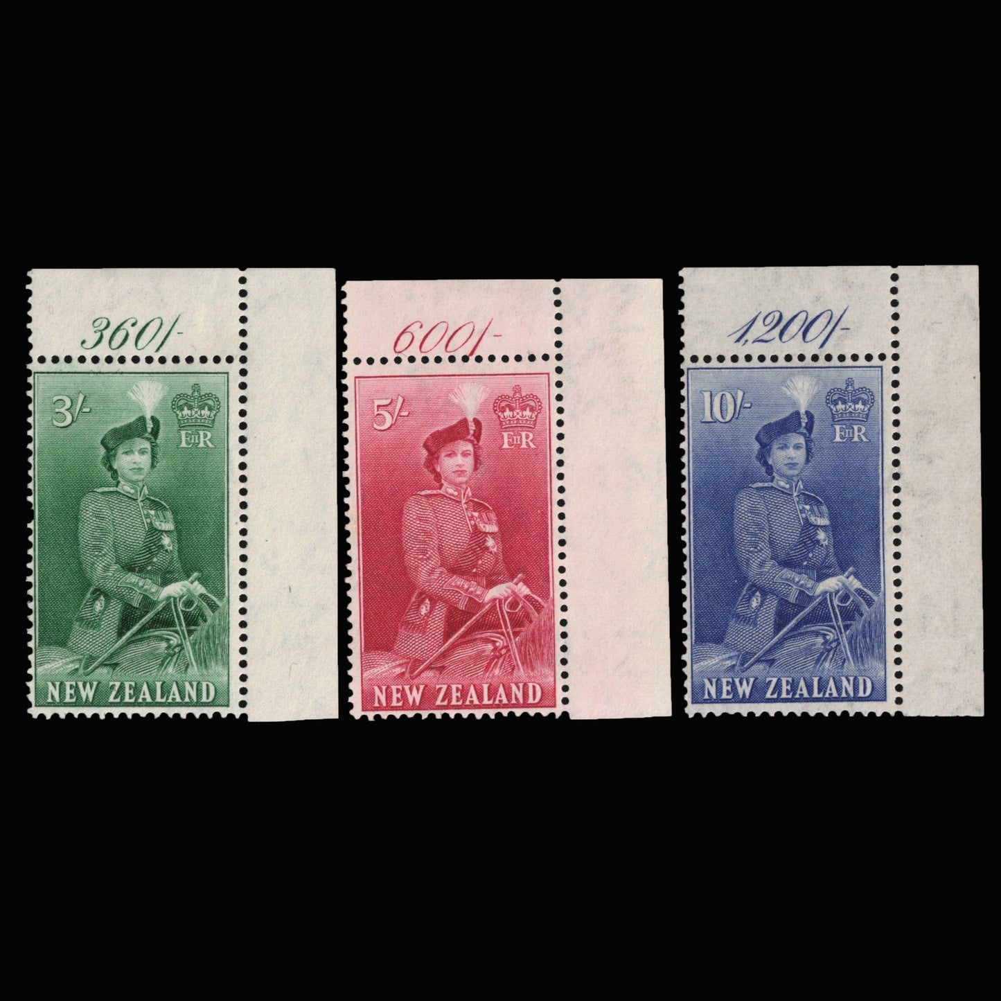 1954 3/-, 5/-, 10/- QEII