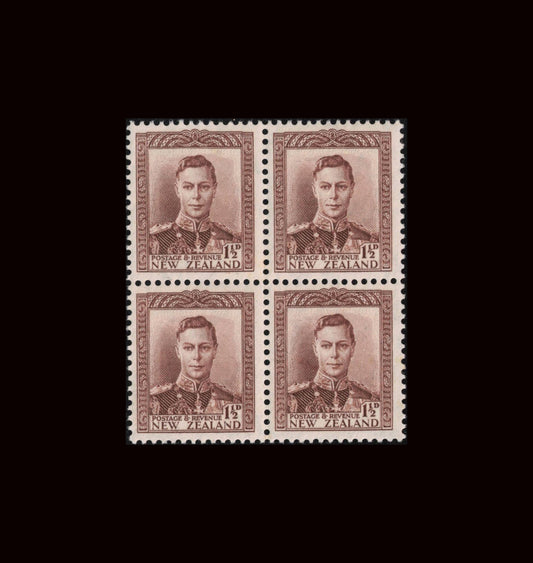 1938 1½d GVI chocolate, block of 4