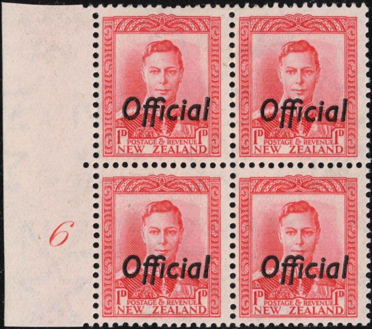 1938 1d GVI scarlet plate block of 4 (No. 6)