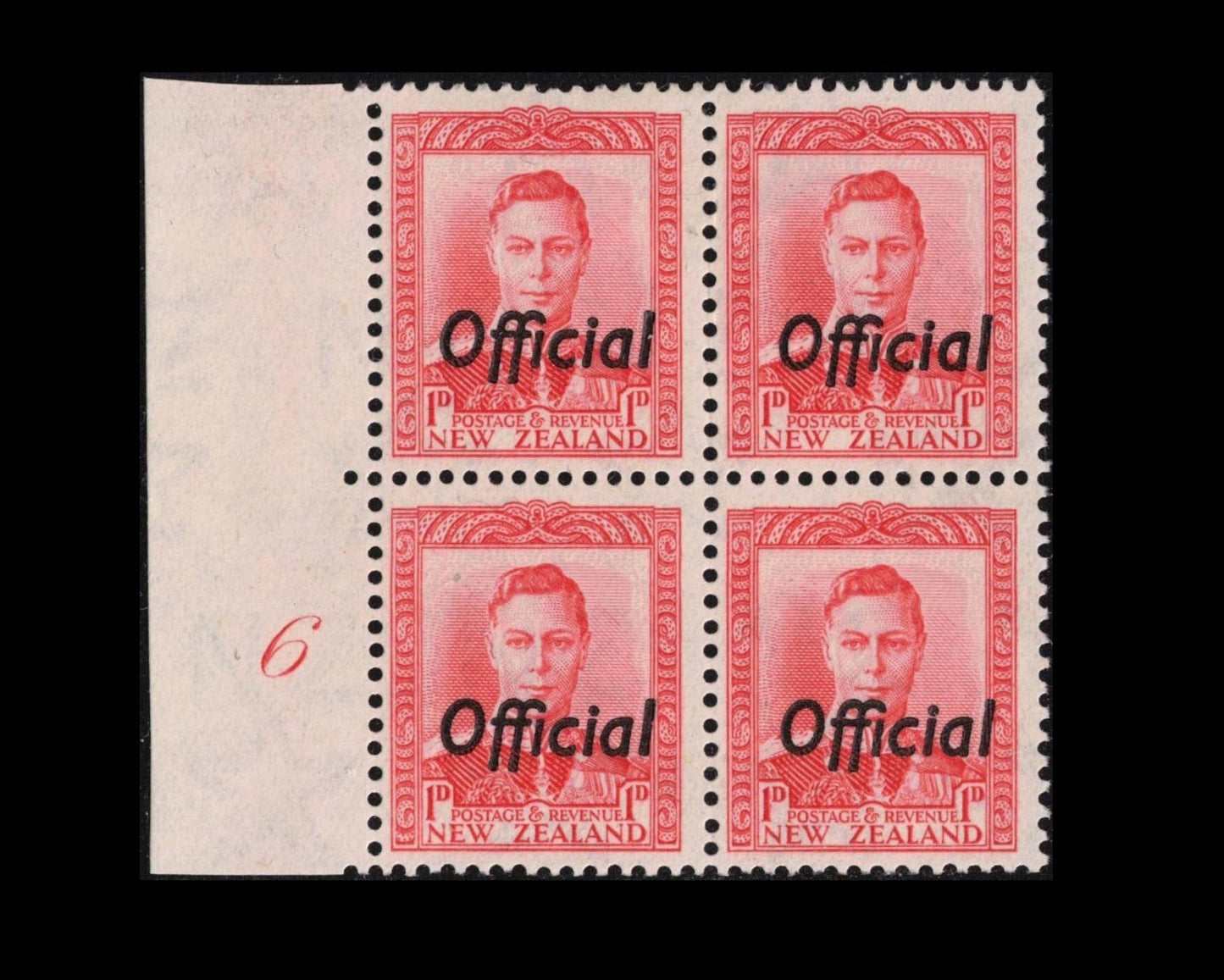 1938 1d GVI scarlet plate block of 4 (No. 6)