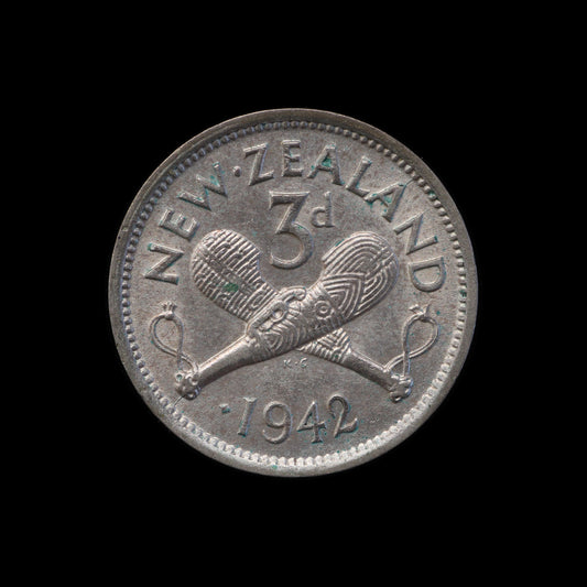 New Zealand 1942 Threepence. One Dot!