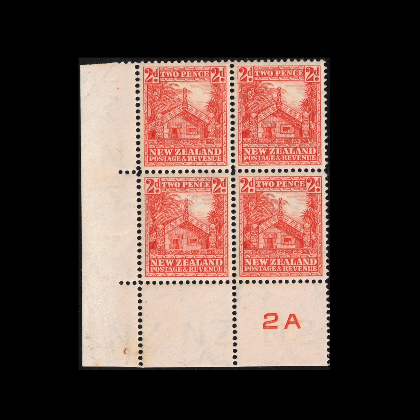 1941 2d Whare plate block of 4