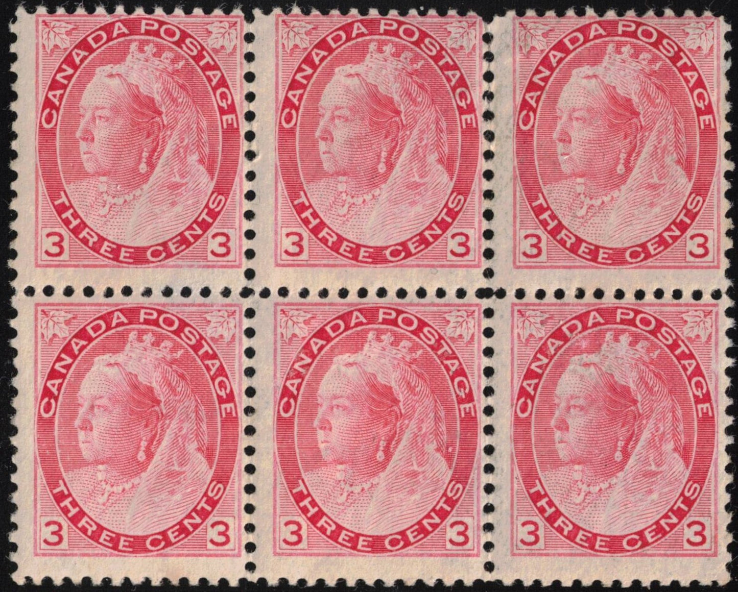 Canada 1898 3c QV 2 Maple Leaves horiz block of 6