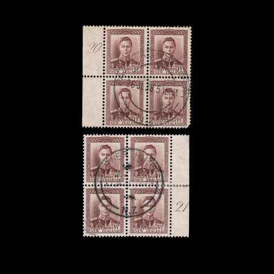 1938 1½d GVI chocolate, pair of plate blocks